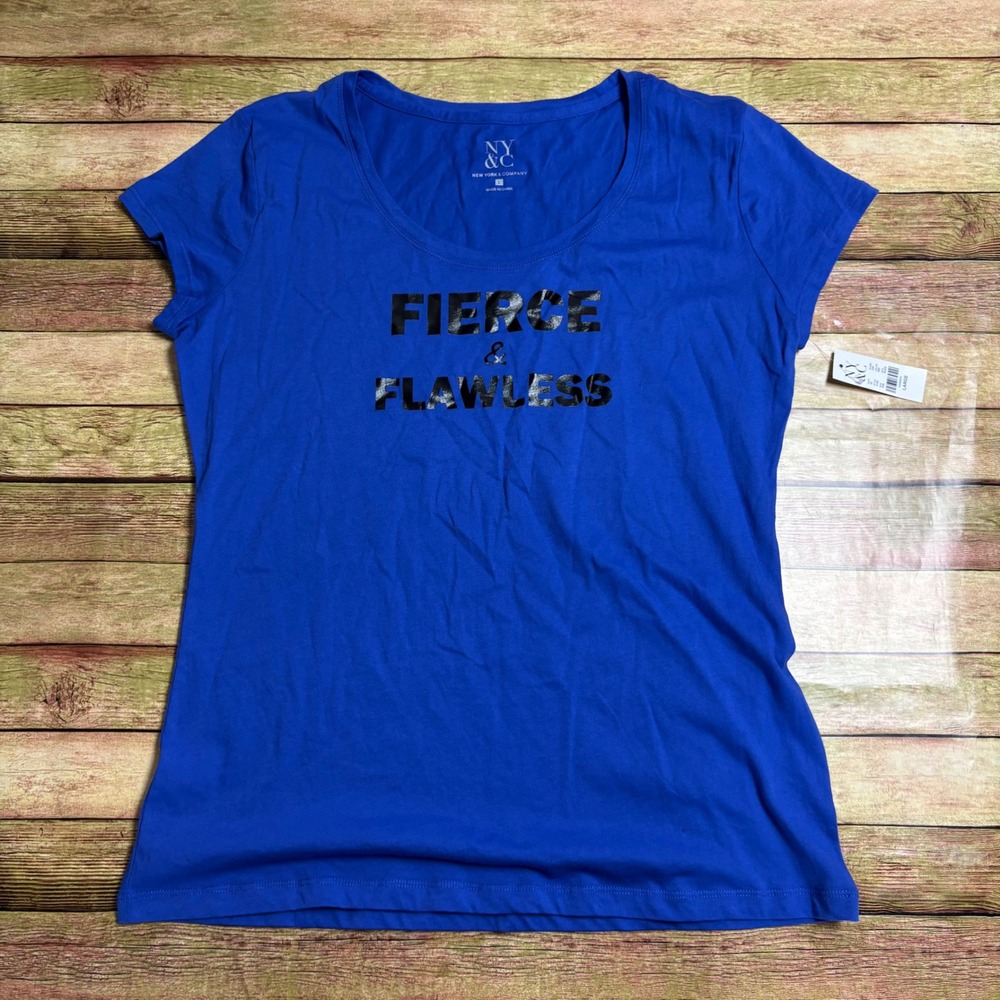 New York & Company Fierce & Flawless Blue Graphic Tee Y2K Baddie Large NWT